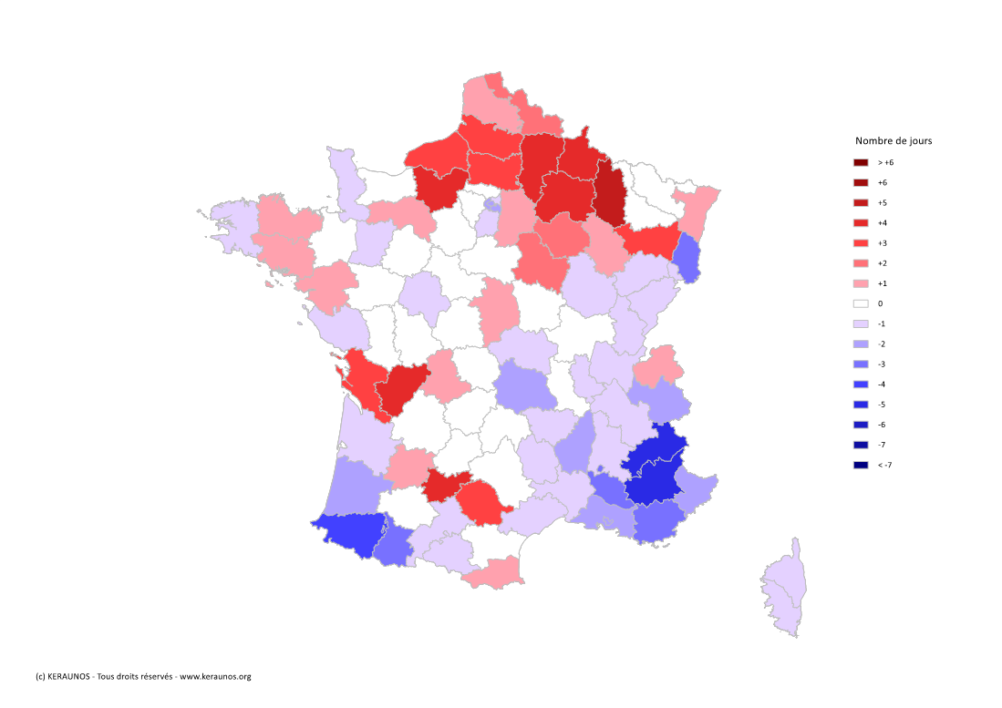 Carte Anomalie du nombre de jours avec orage (moyenne 2009-2015)