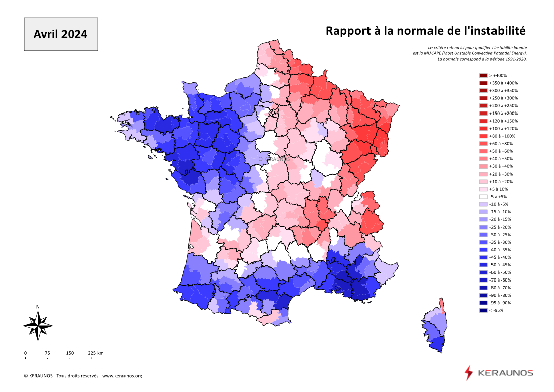 Carte Ecart à la normale de l'instabilité latente - (MUCAPE)