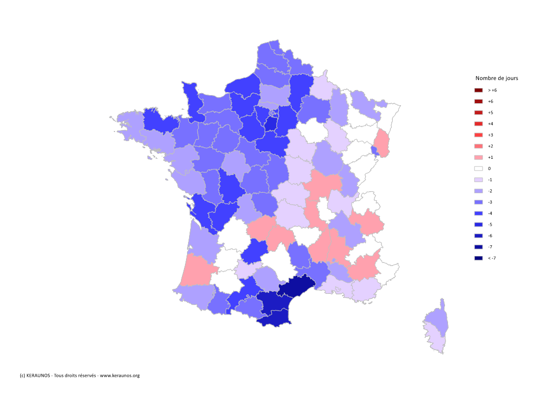 Carte Anomalie du nombre de jours avec orage (moyenne 2009-2015)