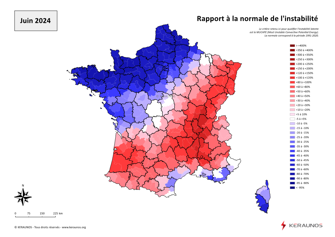 Carte Ecart à la normale de l'instabilité latente - (MUCAPE)