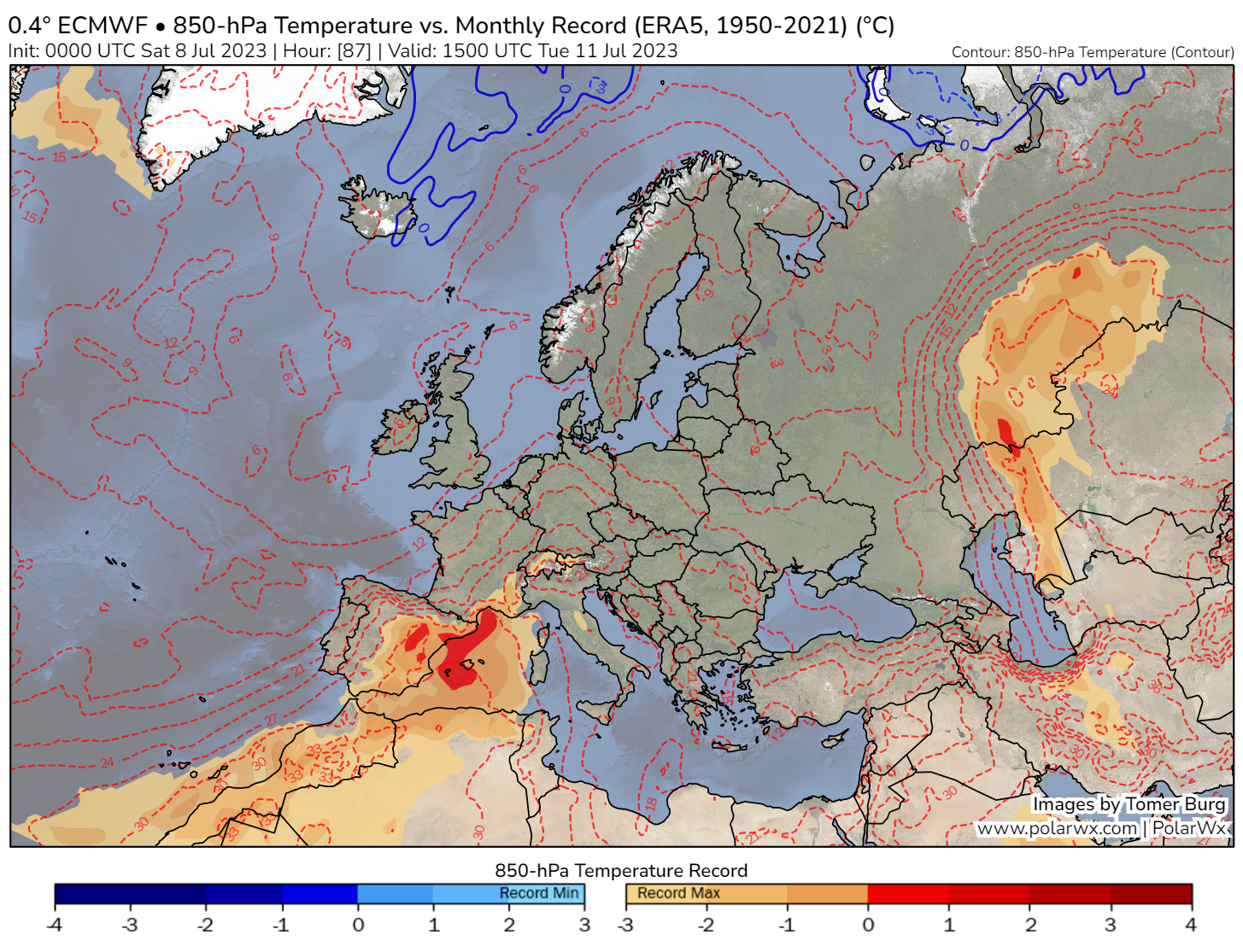 <p>Les valeurs de géopotentiels à 500 hPa prévues par le modèle européen devraient être au niveau des records mensuels (depuis 1950 - réanalyses ERA5). Il devrait en être de même au niveau de la température à 850 hPa (environ 1500 m) dans le Golfe du Lion mardi.</p>