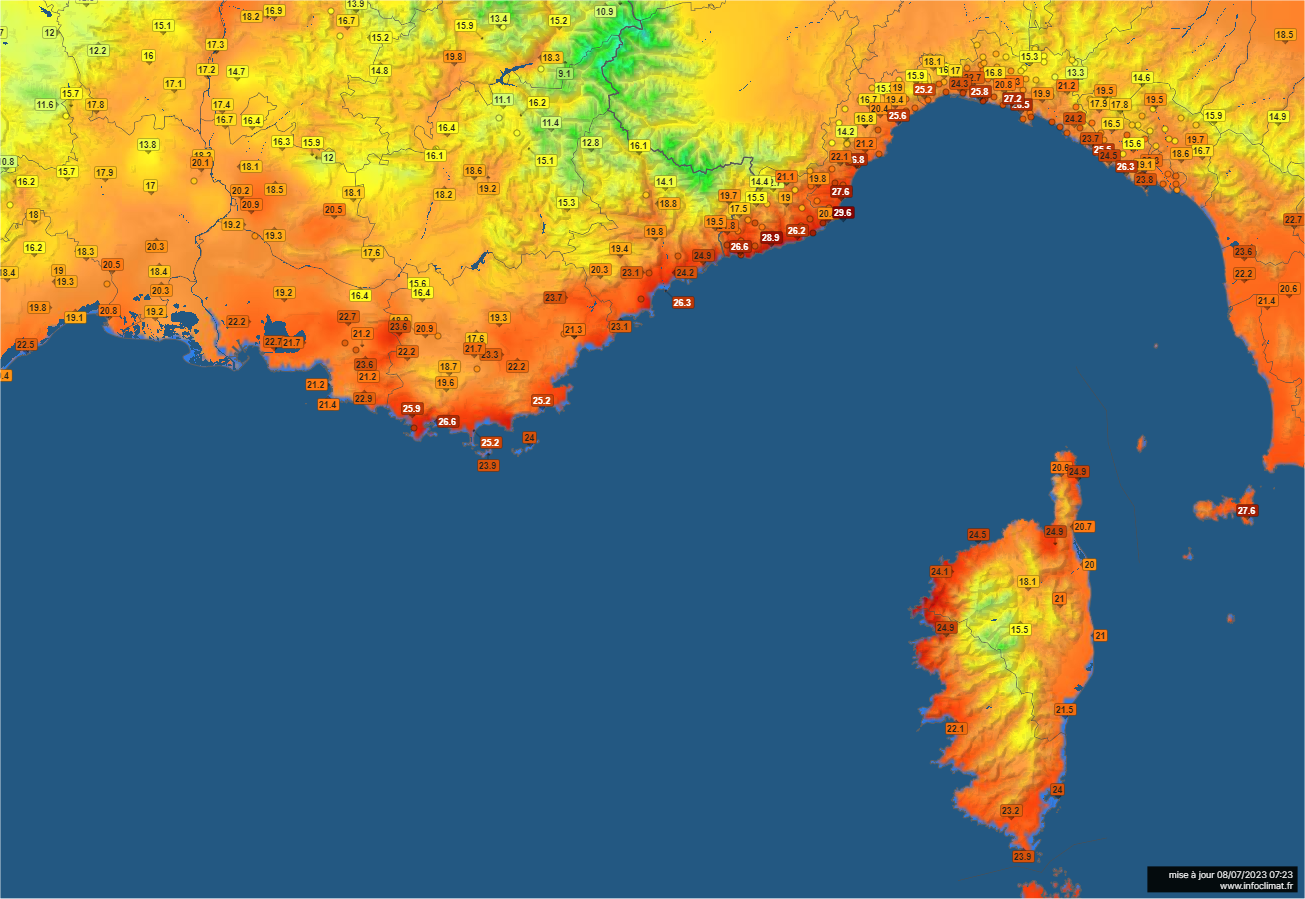 <p>La nuit a été très chaude sur l'extrême sud-est, jusqu'au littoral italien. Minimale de 27°C à Toulon, 26.3°C à #Nice, 25 à 26°C localement en Corse Nuit tropicale jusqu'à la région lyonnaise avec 22 à 23°C. Carte Infoclimat</p>