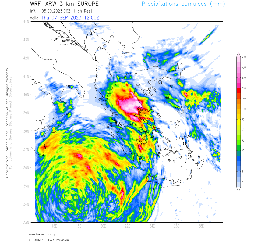 <p>Grèce - D'ici jeudi midi, il est encore prévu 300 à 600+ mm de pluie sur la Thessalie. La superficie couverte par une modélisation de cumuls > 300 mm est exceptionnelle sur la région.</p>