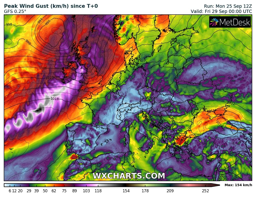 <p>Associée aux résidus d'air tropical issus de la tempête tropicale Ophelia qui a touché l'est des USA, la 1ère tempête de l'automne, nommée Agnès par le MetOffice frappera les îles britanniques et l'Irlande mercredi avec rafales > 130 km/h sur les côtes et 100 km/h dans les terres.</p>