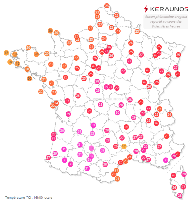 <p>Températures très chaudes dans le sud-ouest pour une dernière décade de septembre. Loc plus de 33°C sur le réseau secondaire. A Toulouse, il s'agit du 14ème jour de forte chaleur (>=30°C) du mois. Le mois devrait en compter au total 17, ce qui est inédit en septembre.</p>