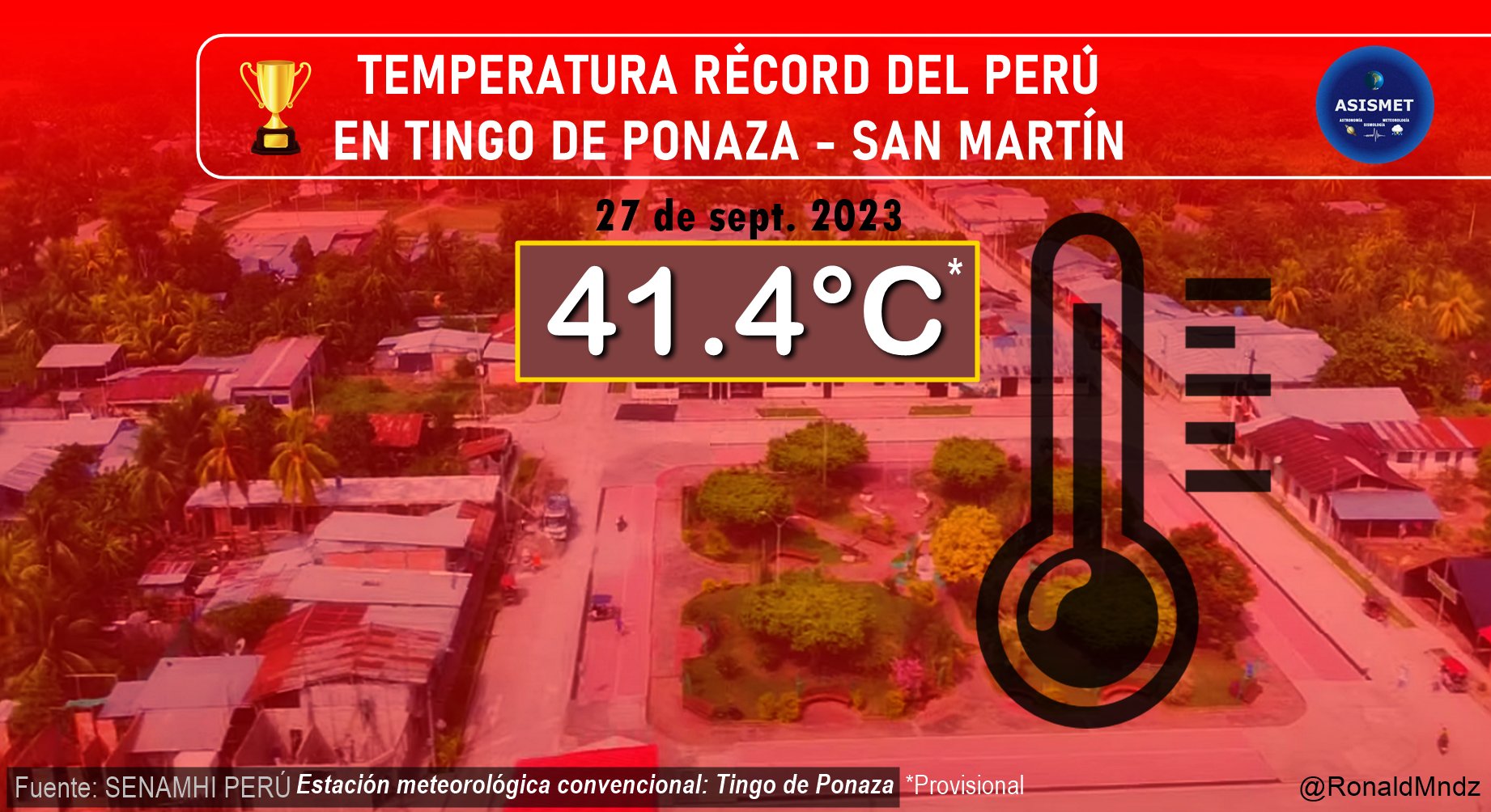 <p>Record national de chaleur battu au Pérou avec 41.4°C relevé à San Martin (ancien record 41.1°C qui datait d'août 1963).</p>