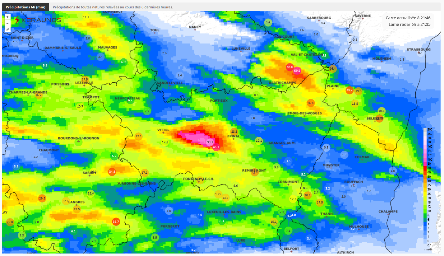 <p>Nouvelle journée d'orages très pluvieux sur le département des Vosges. Au cours des 6 dernières heures, les lames d'eau dépassent 120 mm dans le secteur de Ville-sur-Illon, soit + de 2 mois de pluie en quelques heures. Certaines zones sont noyées et inaccessibles.</p>