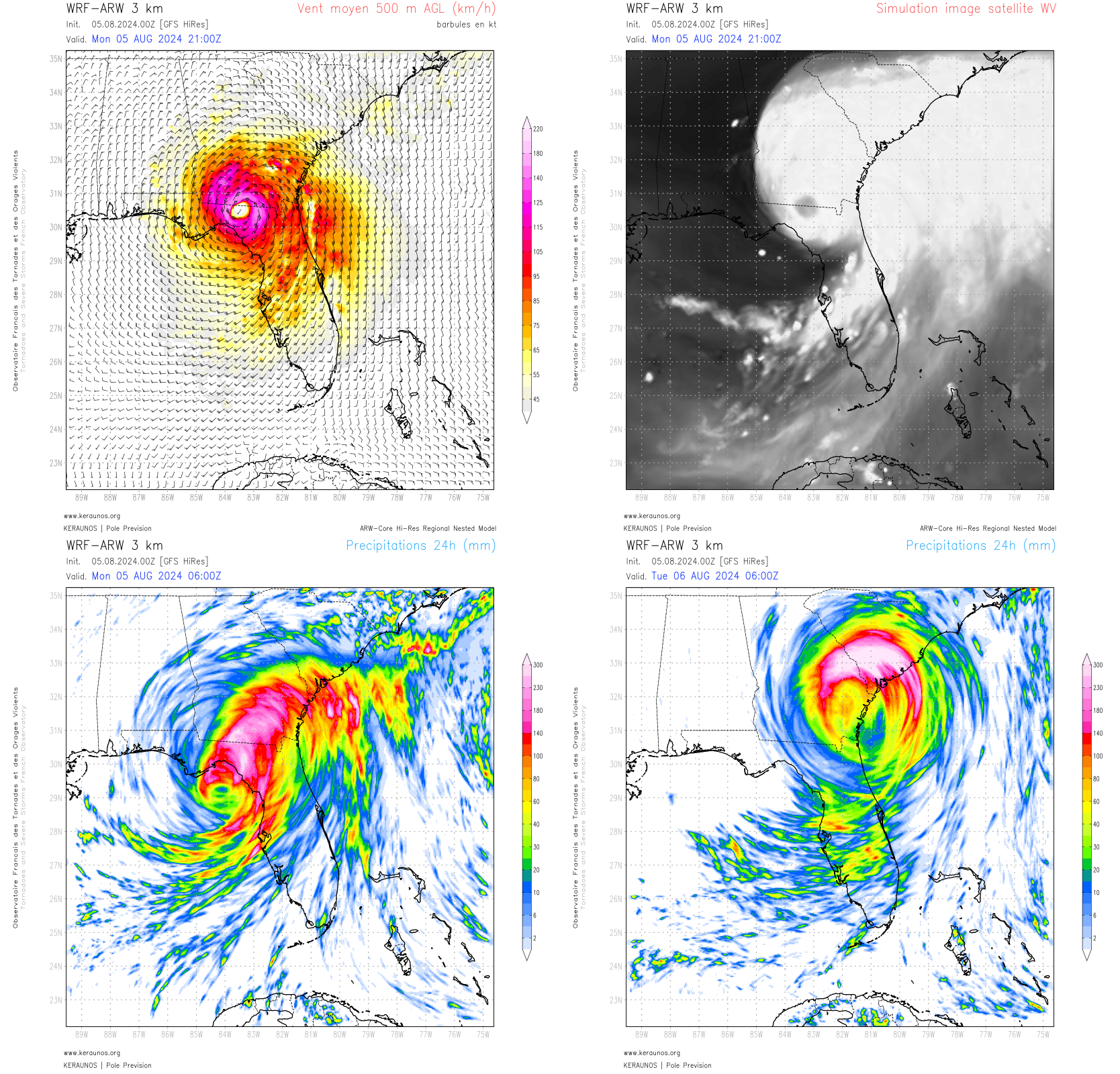 <p>L'ouragan Debby va produire des vents violents, et surtout des pluies diluviennes en raison d'un déplacement très lent. Le dernier run ARW 3km génère pour demain mardi des cumuls loc > 500 mm en 24h en Caroline du Sud et Géorgie notamment.</p>