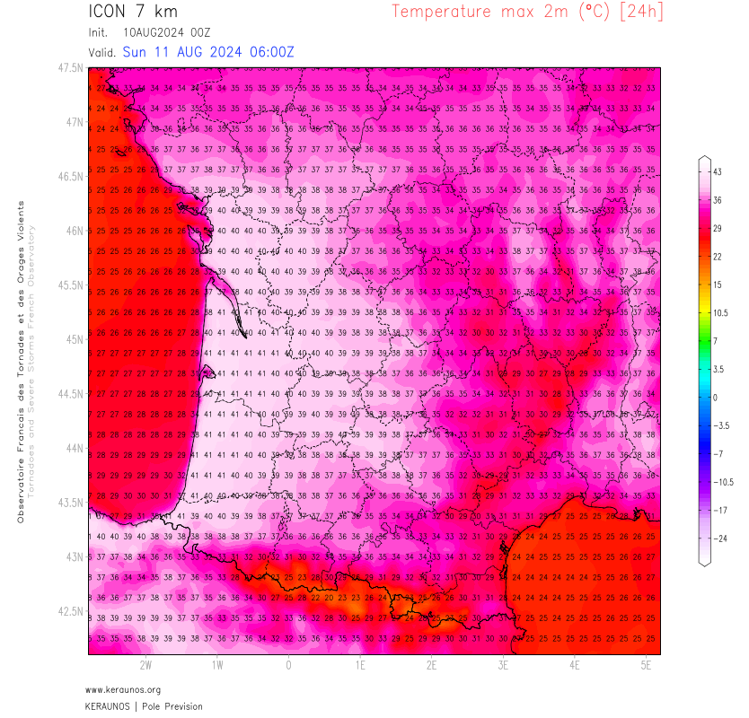 <p>Le pic de chaleur intense se confirme pour demain dimanche, notamment dans le sud-ouest avec des valeurs modélisées > 40°C jusqu'en bord de mer avec des vents de terre. Des écarts de 1 à 2°C existent encore entre les modèles.</p>