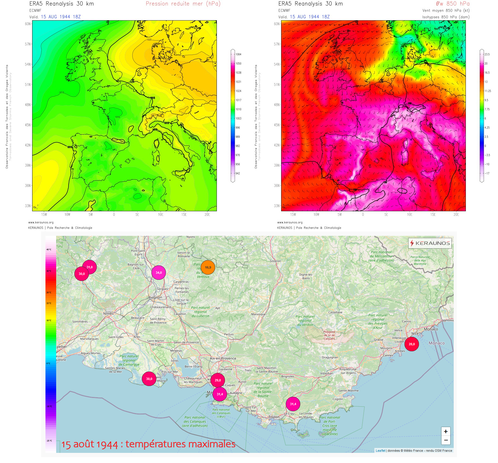 <p>Le 15 août 1944, jour du débarquement en Provence, un temps chaud, lourd et orageux concernait une grande partie du pays. Mais, à l'inverse d'aujourd'hui, le temps était resté sec et sans orages près de la Méditerranée, avec des températures de 28 à 32°C.</p>