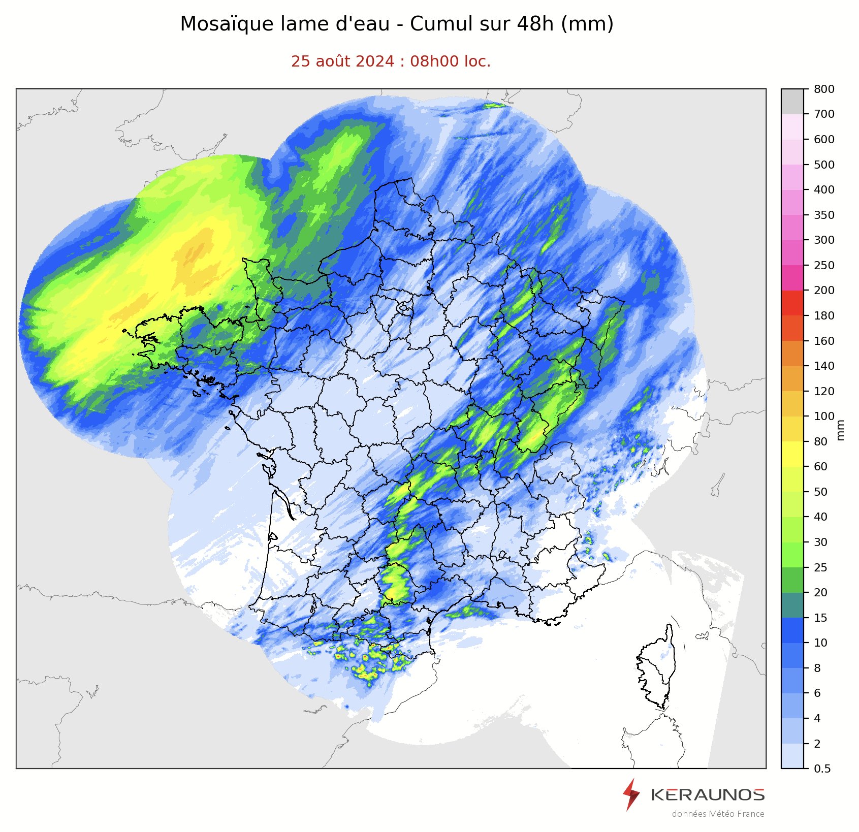 <p>L'épisode orageux se termine sur la France ce dimanche. Ces 48 dernières heures, les pluies ont été abondantes sous le front froid qui a ondulé en Manche avec localement plus de 60 mm estimés par la lame radar. On distingue à l'avant les orages forts de l'Occitanie au nord-est du pays, qui ont produit grêle de 5 cm, rafales de 100 à très localement 150 km/h et pluies intenses.</p>