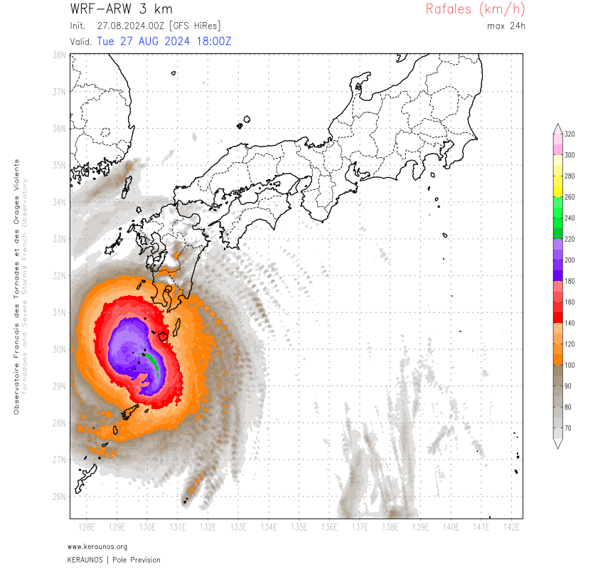 <p>Le typhon Shanshan gagne le nord de l'archipel d'Okinawa au Japon. Il pourrait produire ce mardi des rafales > 200 km/h sur certaines îles et des lames d'eau en 24h proches de 400 mm. Le typhon devrait ensuite poursuivre sa trajectoire vers Kyushu où des pluies diluviennes sont attendues dans la semaine.</p>