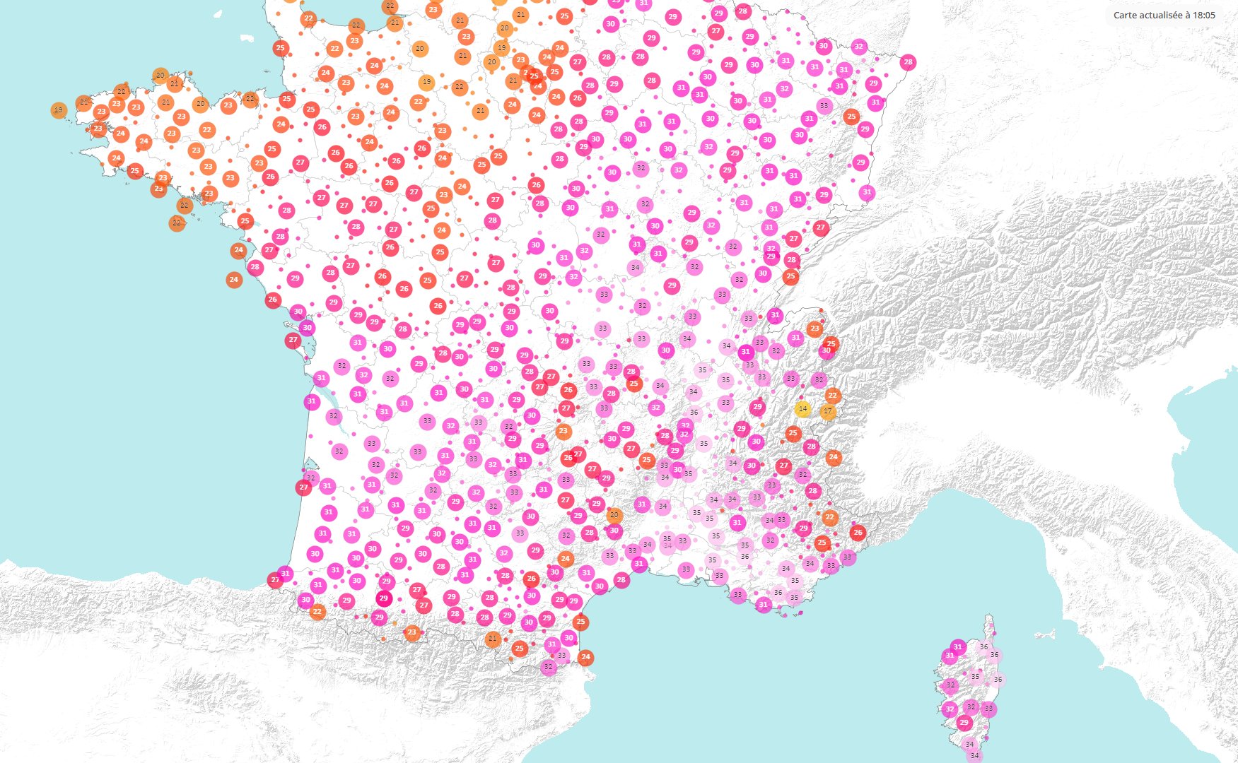 <p>Cette dernière journée de l'été météorologique a été encore très chaude sur les deux tiers du pays, notamment dans le sud-est avec jusqu'à 37°C dans le Vaucluse, et plus de 35°C le long du Rhône jusqu'en Corse.</p>