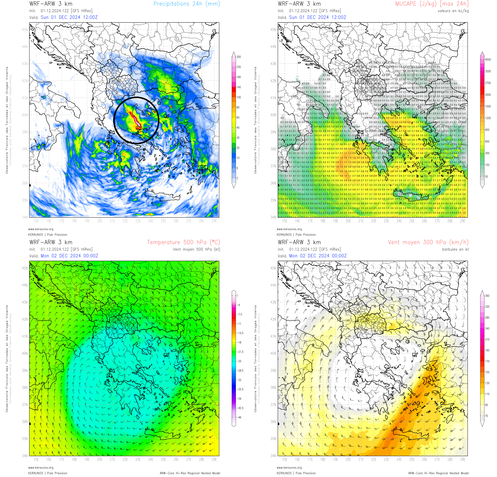 <p>L'arrivée d'une goutte froide sur la Grèce va provoquer des pluies intenses sur l'est du pays ces prochaines 24 heures, notamment sur les reliefs de Thessalie. ARW 3 km envisage des lames d'eau > 300 mm en peu de temps sur ce secteur.</p>