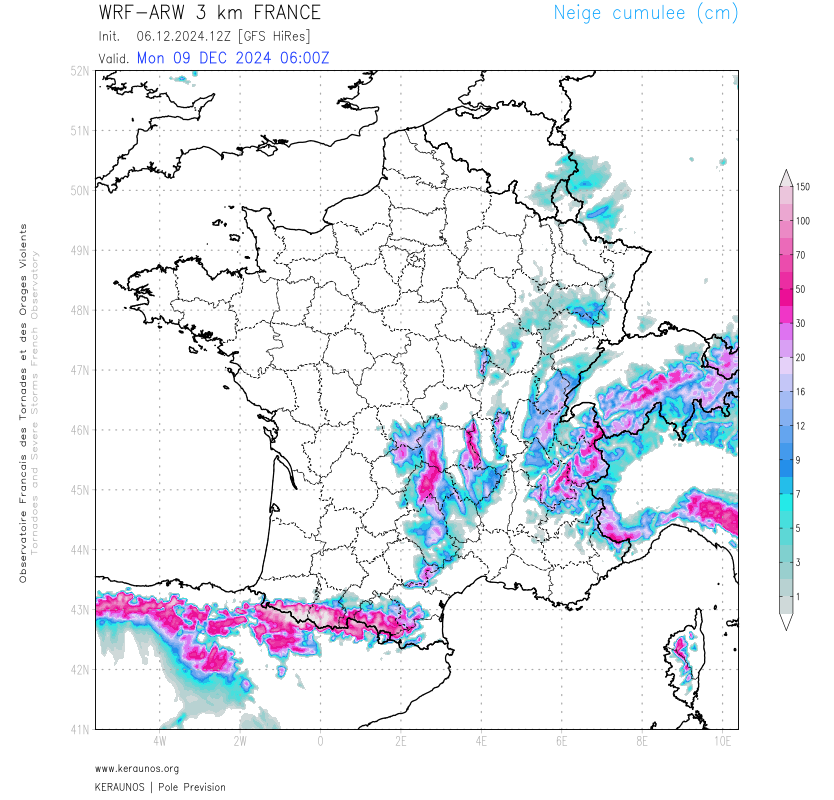 <p>Au passage et à l'arrière de la perturbation associée à la dépression Darragh, les reliefs devraient blanchir parfois significativement d'ici la fin du week-end avec plusieurs dizaines de cm de neige attendus sur les Pyrénées en particulier, mais également entre Massif-Central et Alpes.</p>