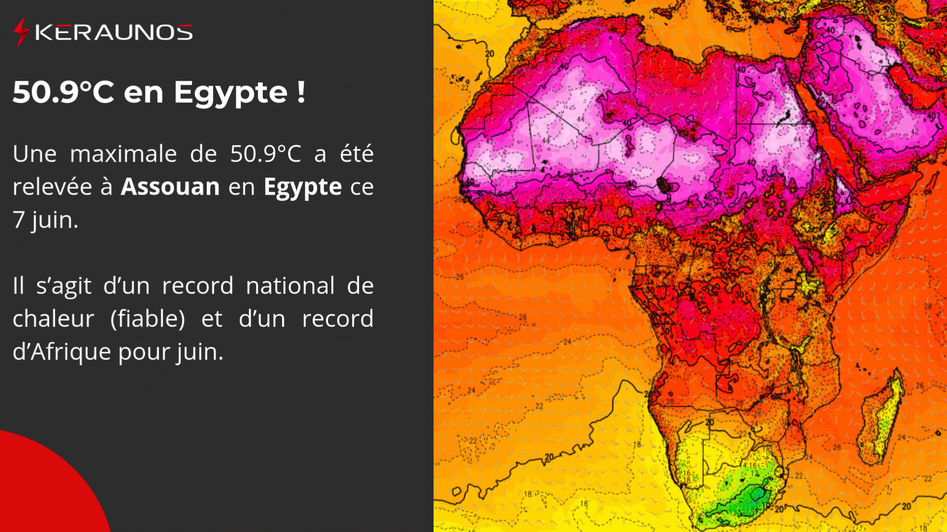 <p>Exceptionnelle température proche de 51°C relevée en Egypte ce vendredi. Nouveau record national de chaleur (sur des relevés jugés fiables) et nouveau record mensuel pour l'Afrique à Assouan !</p>