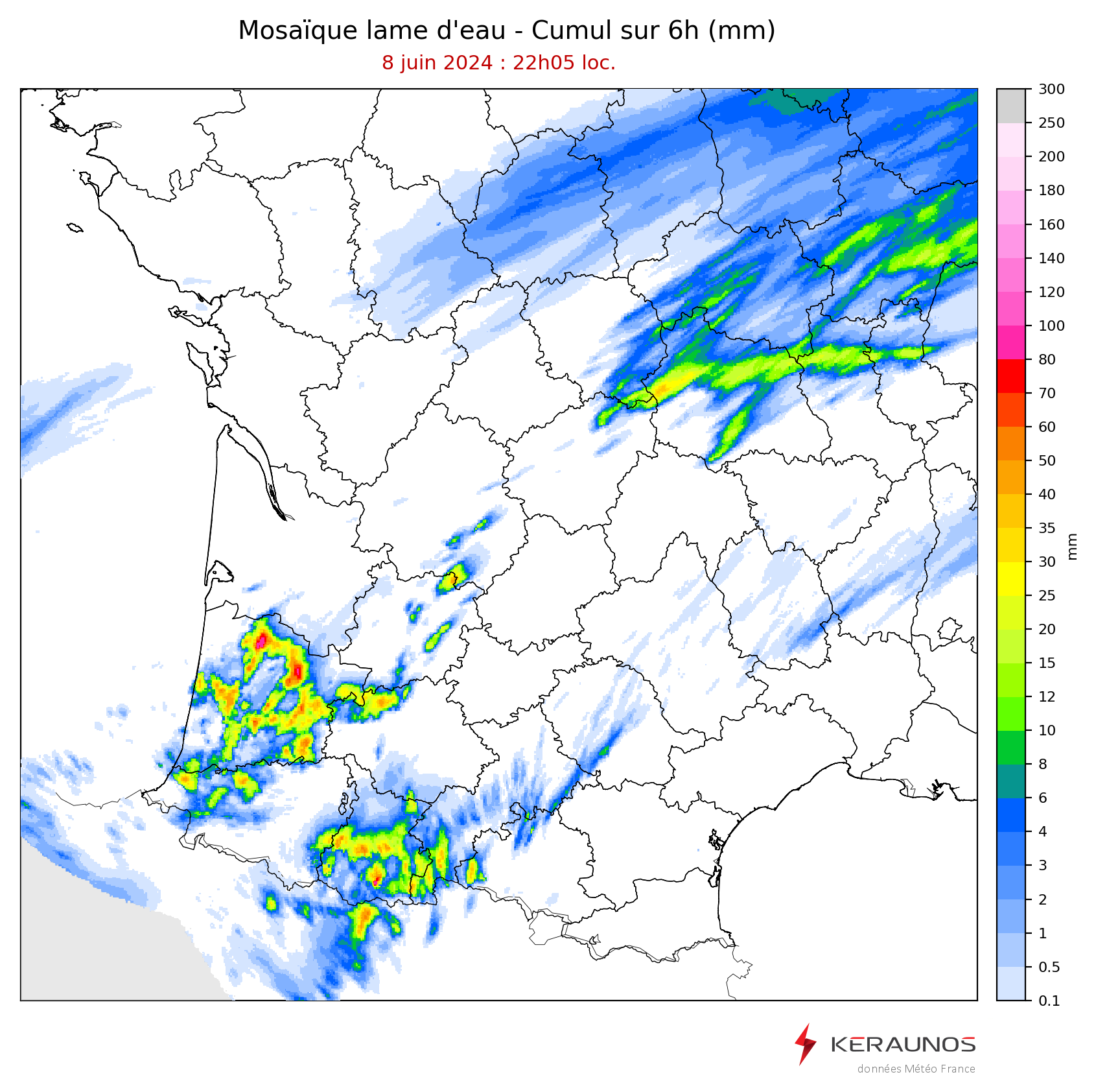 <p>Des orages très pluvieux et peu mobiles affectent le sud de l'Aquitaine depuis la fin d'après-midi. Certaines lames d'eau avoisinent 80 mm, parfois tombés en 1 heure seulement, comme à Pissos ou Trensacq dans les Landes.</p>