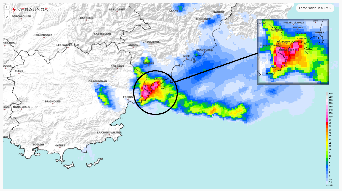 <p>Des orages très pluvieux ont stationné à l'aube entre Var et Alpes-Maritimes, dans les secteurs de Fréjus, Saint-Raphaël, Mandelieu-la-Napoule et Théoule-sur-Mer. Les lames d'eau ont atteint jusqu'à 100 à 130 mm en peu de temps sur cette zone.</p>