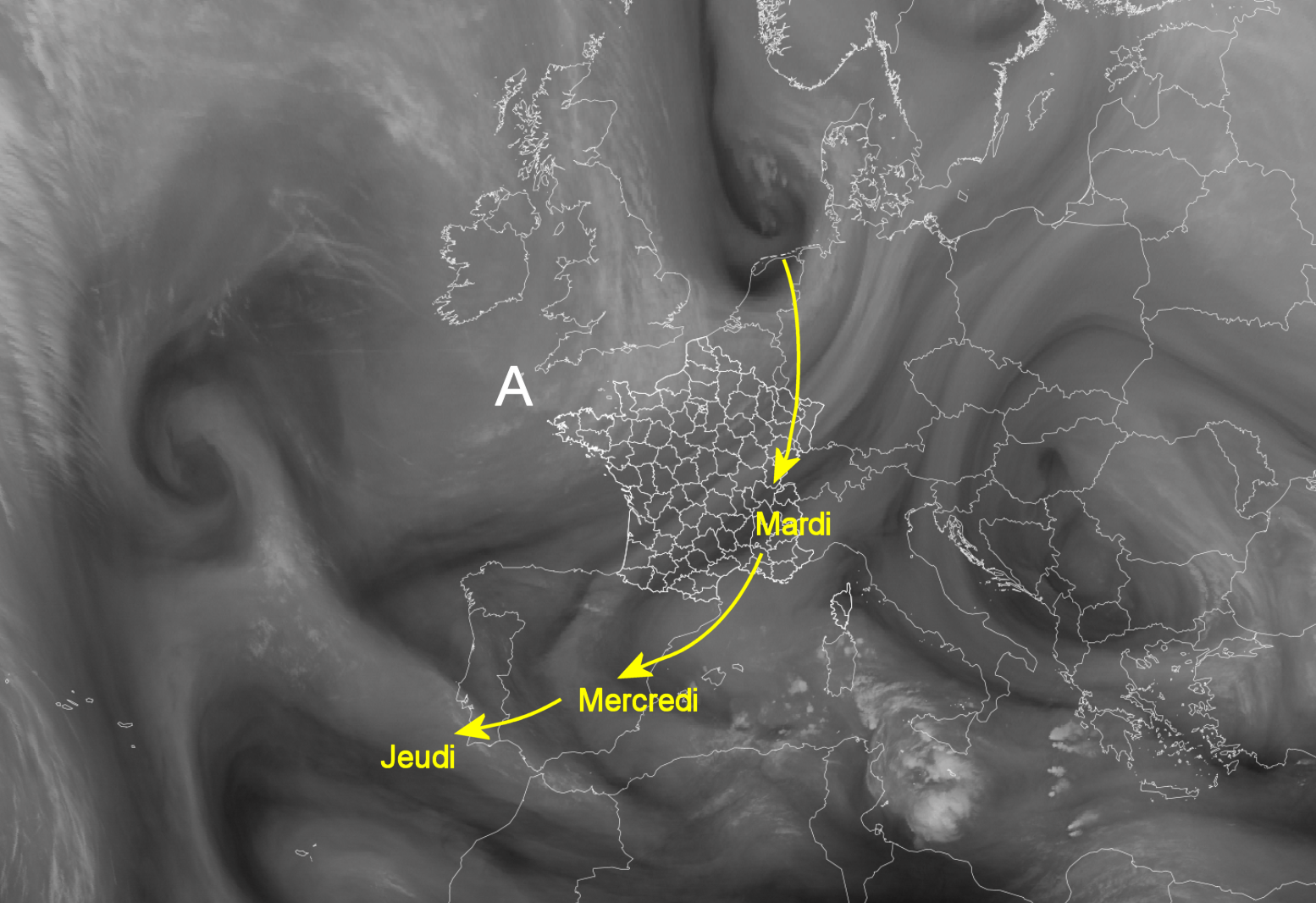 <p>La goutte froide qui contourne la cellule anticyclonique est positionnée en mer du Nord ce lundi matin. Elle se distingue bien sur l'image sat vapeur d'eau. Elle va migrer vers le sud du Portugal d'ici jeudi. Risque de pluies dans le sud-est entre mardi matin et jeudi matin.</p>