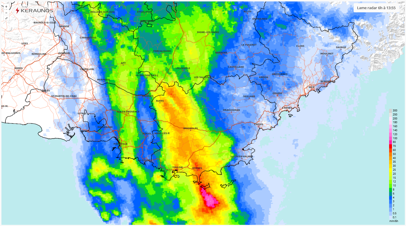 <p>De fortes pluies, accompagnées d'orages, ont concerné l'ouest du Var ce mardi matin. Les lames d'eau ont dépassé localement 50 mm en 6 heures, en particulier dans le secteur de Hyères.</p>