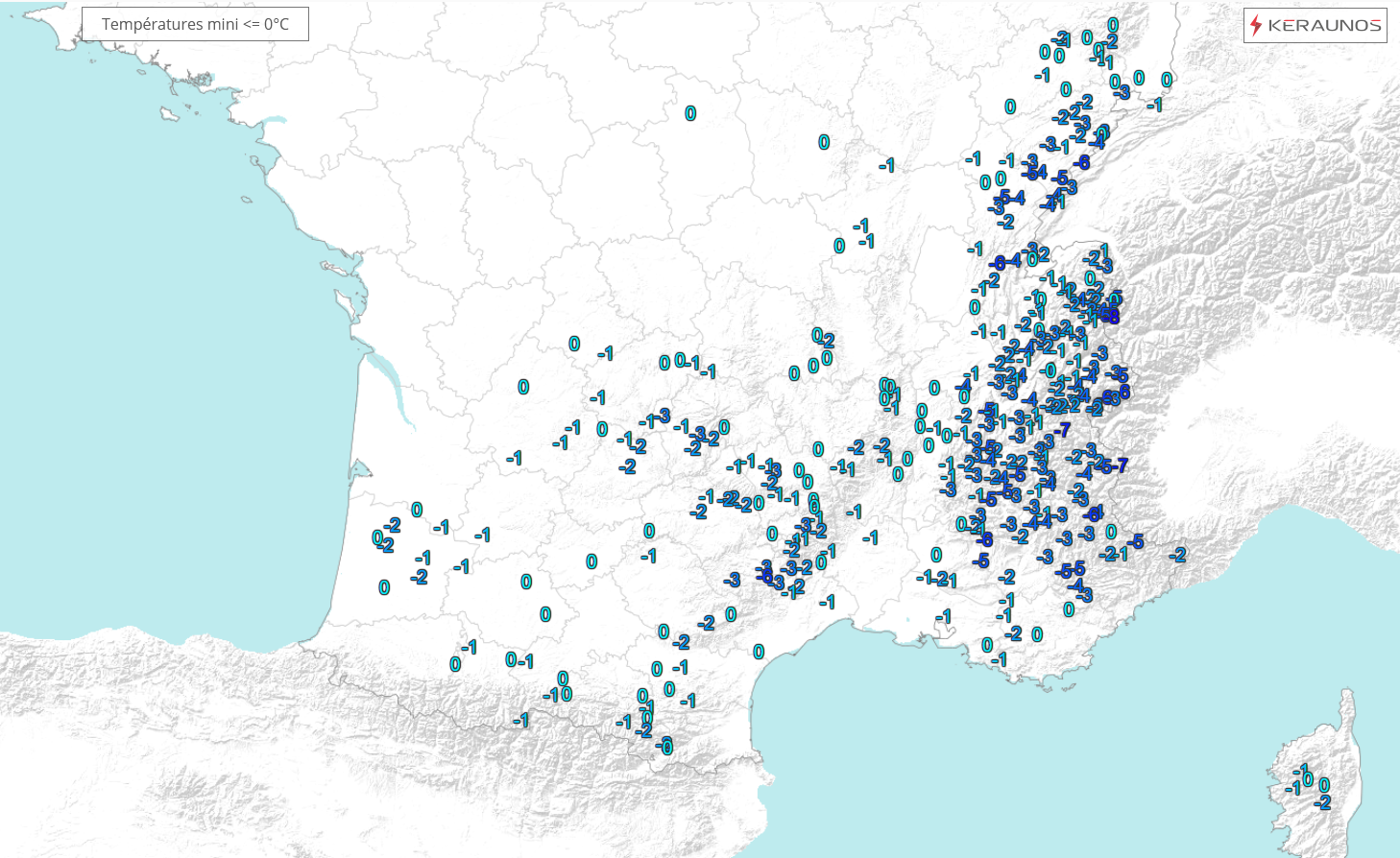 <p>La nuit a été fraîche dans le sud et l'est du pays, avec du gel faible sous abri jusqu'en plaine (0 à -2°C généralement).</p>