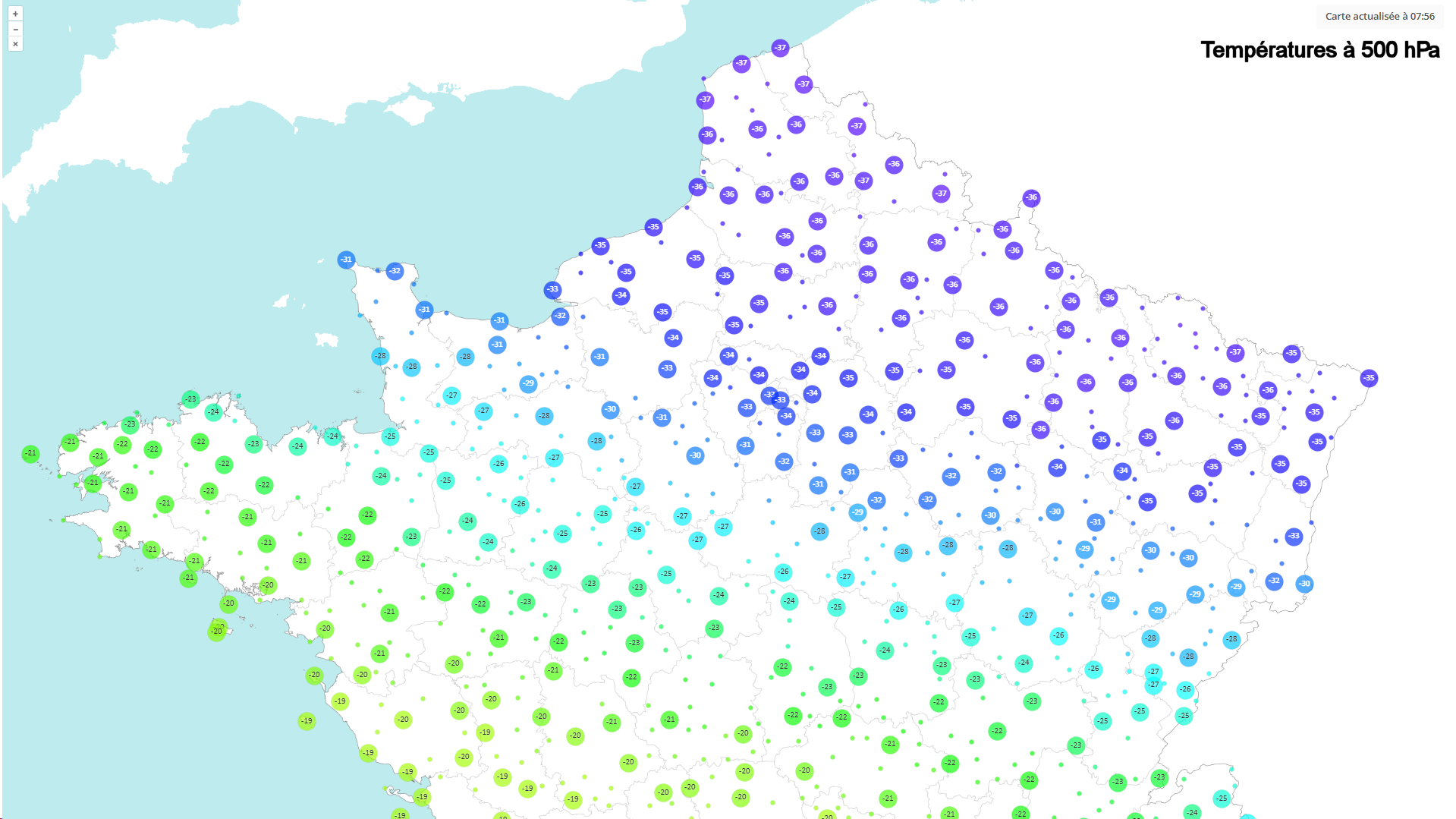 <p>Une masse d'air très froid en altitude a envahi le nord de la France dans la nuit, à l'arrière du front froid. C'est la première fois de la saison qu'un décrochage polaire se produit avec des valeurs sous les -35°C à 500 hPa.</p>