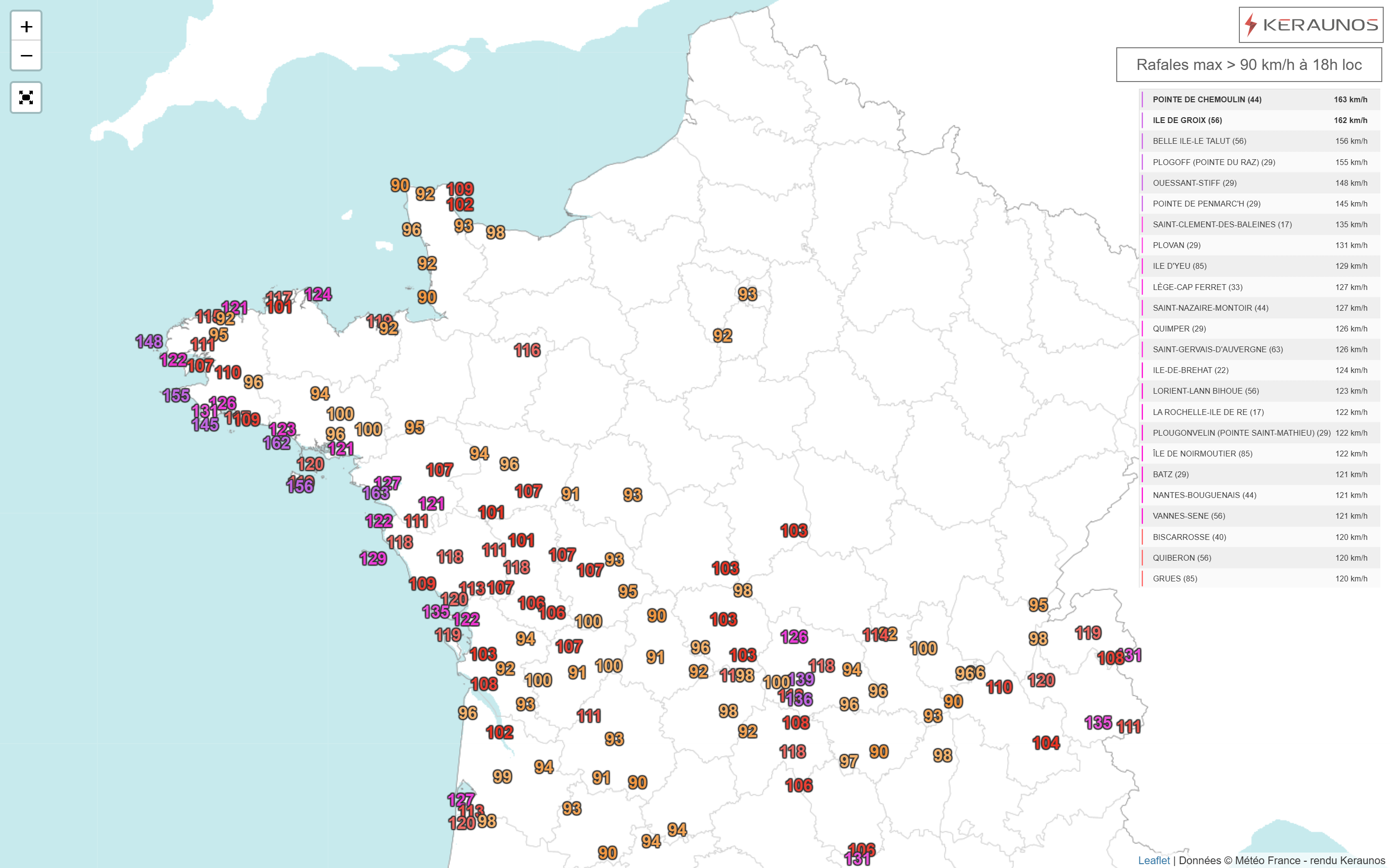 <p>Dépression Caetano - Les fortes rafales ont gagné les Alpes en ce début de soirée. Les valeurs sont remarquables sur la côte Atlantique, comprises entre 130 et 160 km/h. Dans les terres, les 100 à 120 km/h ont été atteints du sud Bretagne au Poitou et plus ponctuellement en allant vers les Alpes.</p>