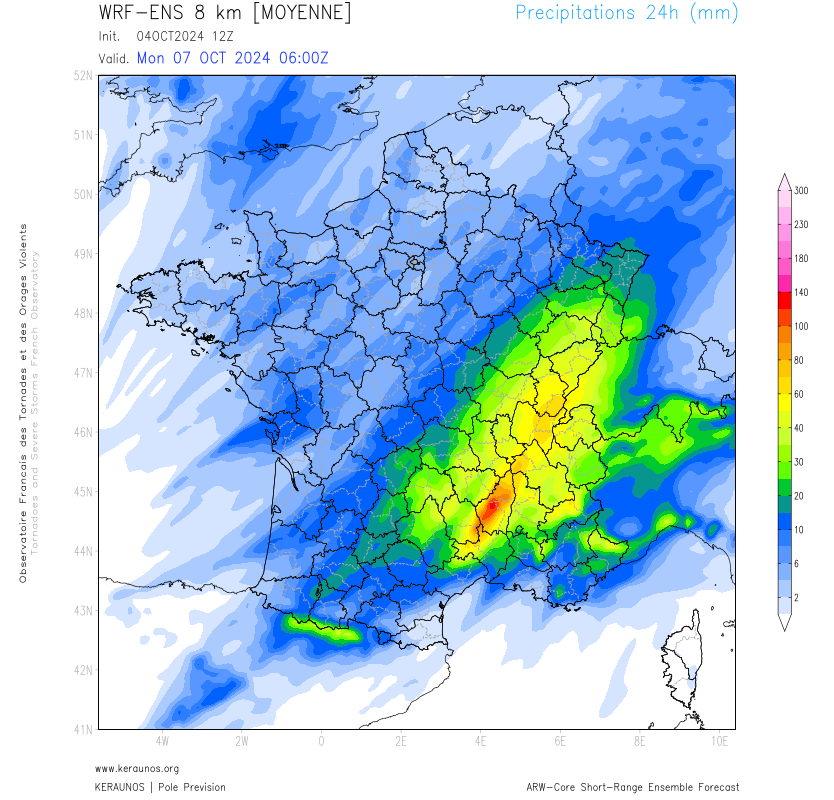 <p>Un épisode fortement pluvieux est prévu entre lundi et mardi sur la France, notamment dans le sud-est sur les Cévennes avec des probabilités de cumuls supérieurs à 100 mm en 24h significatives.</p>
<p>La moyenne d'ensemble (de 19 scénarios) fait clairement ressortir un axe pluvieux davantage à risque entre les Cévennes et le Jura entre lundi et mardi matin.</p>