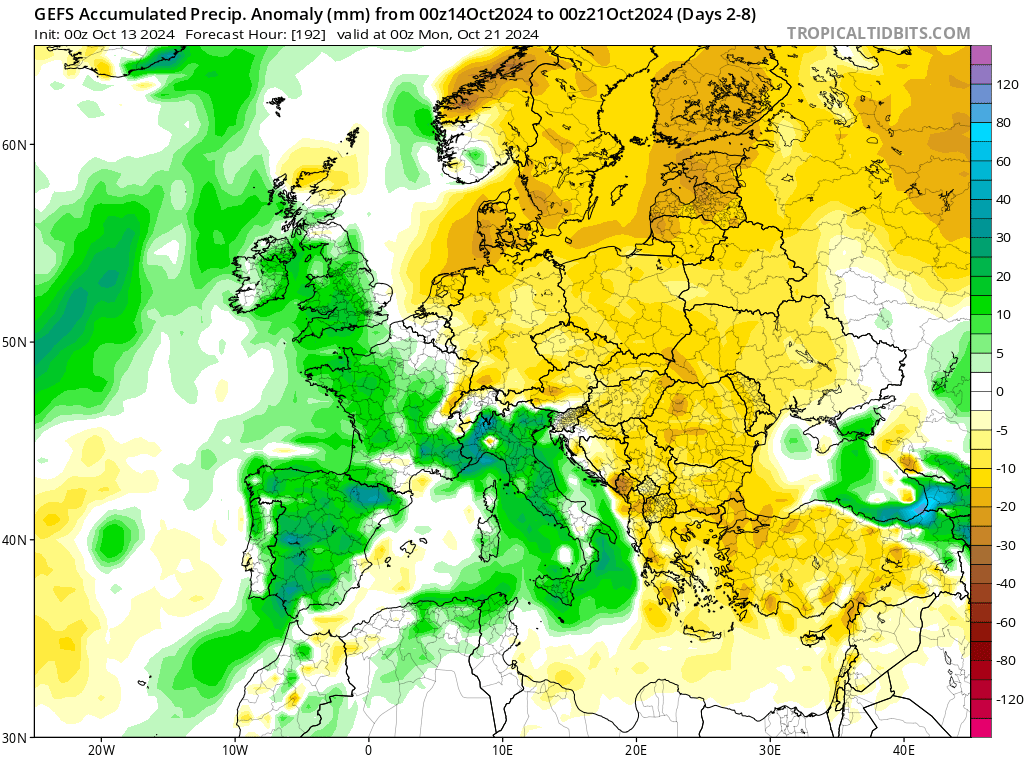 <p>La semaine à venir, dans un flux à dominante sud, va une nouvelle fois être plus pluvieuse que la normale, avec des pluies surtout significatives sur l'ouest et le sud-est du pays (où un épisode cévenol est envisagé). Un bloc anticyclonique positionné sur le centre et le nord de l'Europe devrait maintenir les deux tiers du continent sous un temps plus sec.</p>