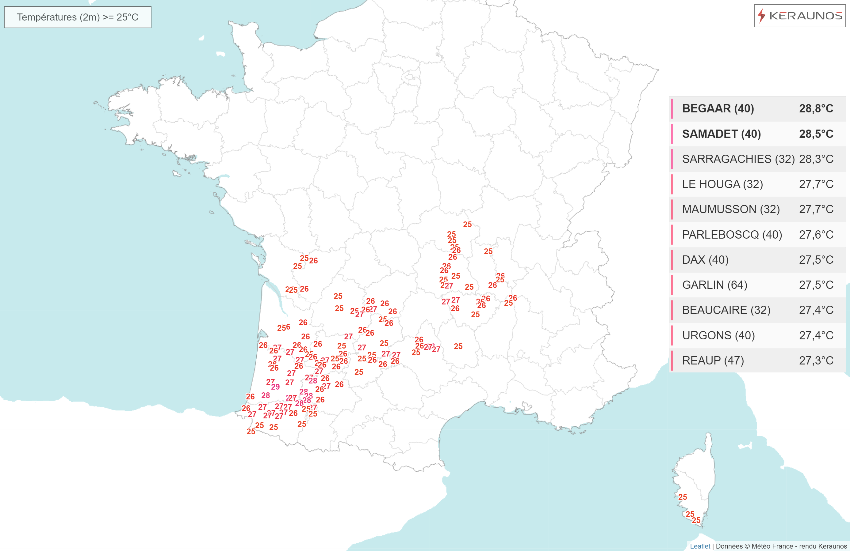 <p>Chaleur tardive en cette mi-octobre entre le sud-ouest et le Massif-Central ce lundi avec plus de 25°C sur cet axe, et localement jusqu'à près de 29°C relevé dans les Landes.</p>