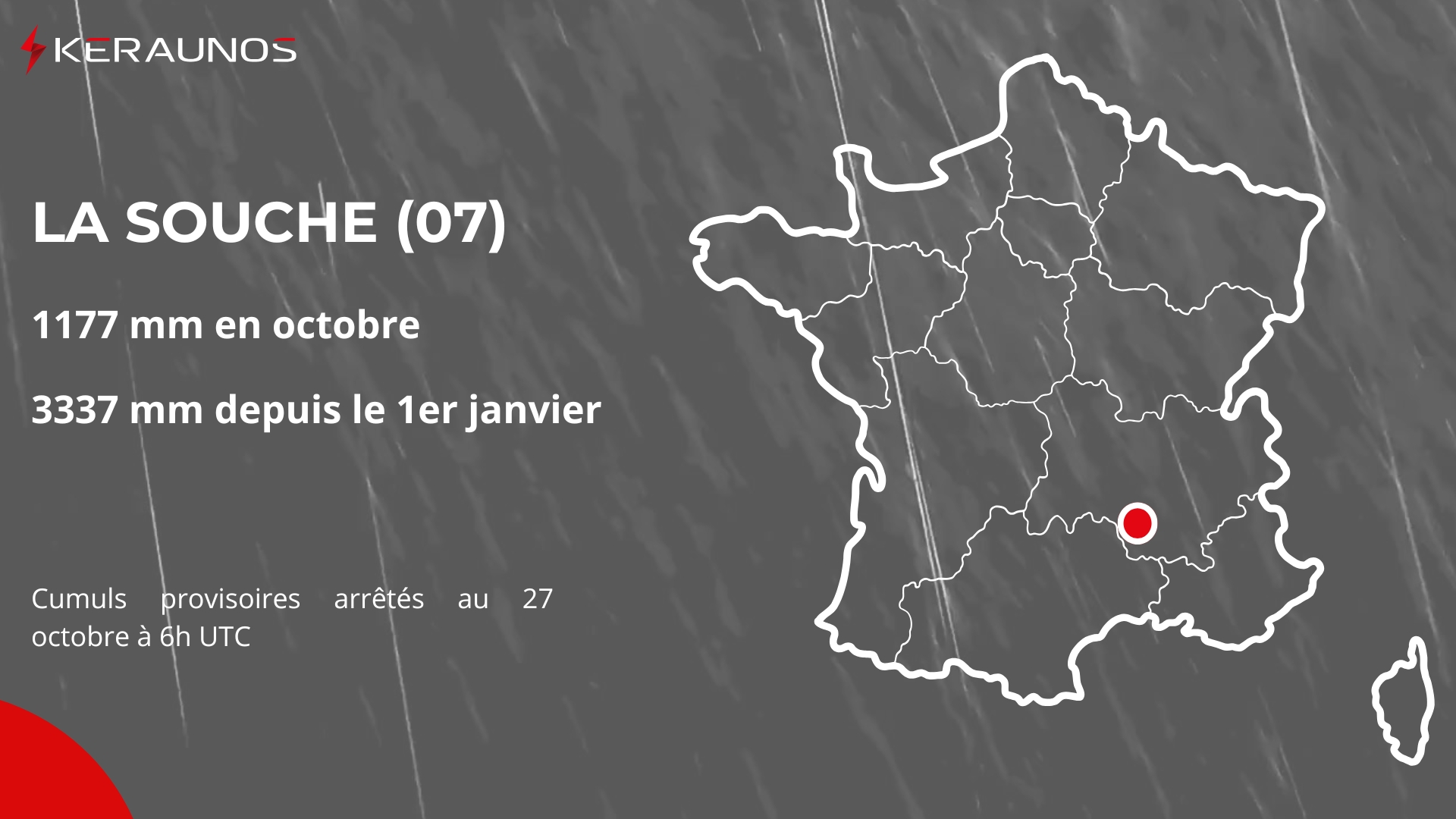 <p>Dans les Cévennes ardéchoises, cet épisode pluvieux va clore un mois d'octobre exceptionnel au niveau de la pluviométrie avec près de 1200 mm sur le mois à la Souche. Sur cette même station, le cumuls annuel est encore plus exceptionnel et approche des 3400 mm après un printemps extrêmement pluvieux. C'est une valeur digne des régions du sous-continent indien soumises aux moussons.</p>