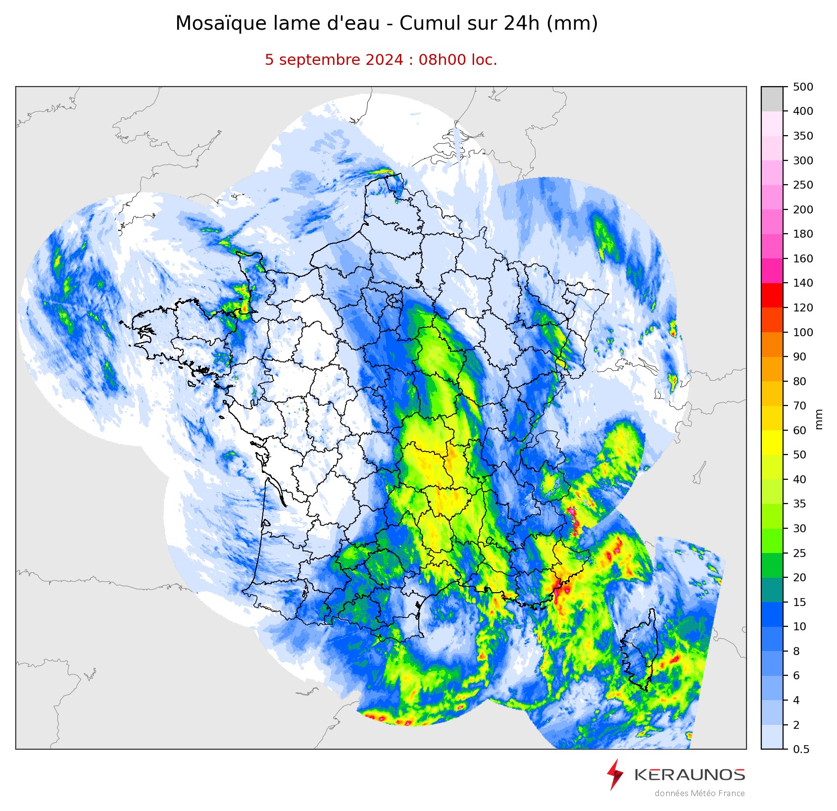 <p>Ces dernières 24h ont été plus particulièrement arrosées, avec des lames d'eau estimées proches de 130/150 mm à la frontière Var/Alpes-Maritimes et un axe pluvieux très actif du nord de la Bourgogne au Golfe du Lion.</p>