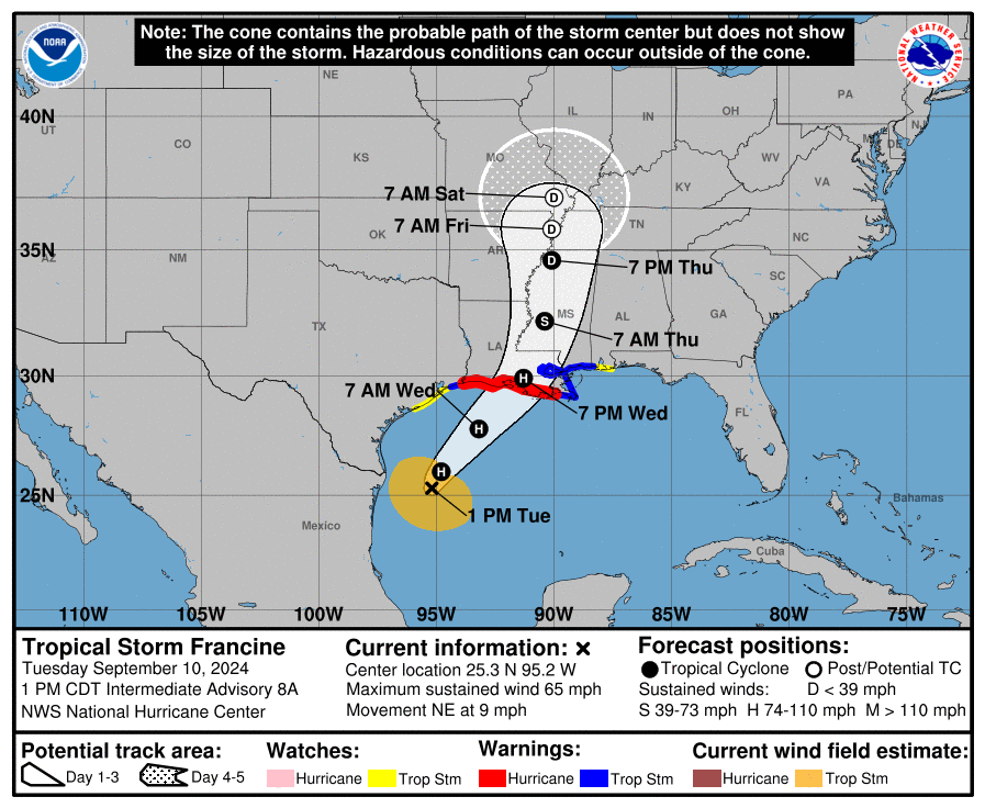 <p>La tempête tropicale Francine, qui évolue dans le Golfe du Mexique, devrait s'intensifier en ouragan ces prochaines heures, avant d'impacter la Louisiane dans la nuit de mercredi à jeudi.</p>