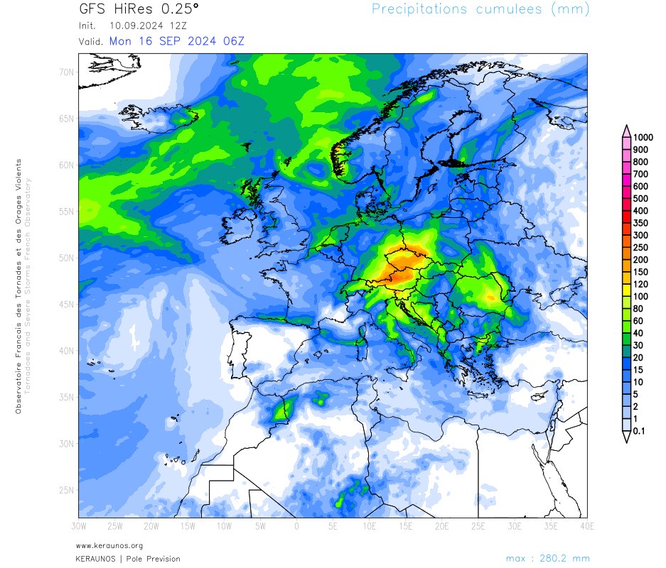 <p>La descente du thalweg d'altitude responsable de l'intrusion d'air froid sur la France va occasionner des intempéries notables sur le centre de l'Europe, notamment de l'Autriche à la République Tchèque avec des précipitations très importantes attendues. Des cumuls aussi importants de manière aussi généralisée risquent de provoquer des inondations notables sur ces zones.</p>