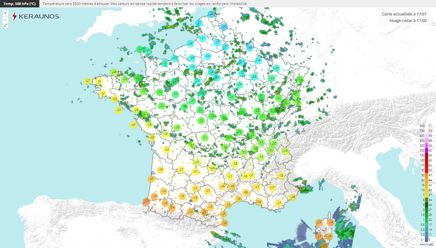 <p>Un régime de traîne concerne une bonne moitié nord du pays ce jeudi avec des averses fréquentes. L'air froid d'altitude gagne par le nord, avec des valeurs assez remarquables pour une première quinzaine de septembre (-28/-29°C vers 5500 m d'altitude).</p>
<p>Il s'agit de la première descente polaire post-été météorologique, très précoce mais peu durable.</p>