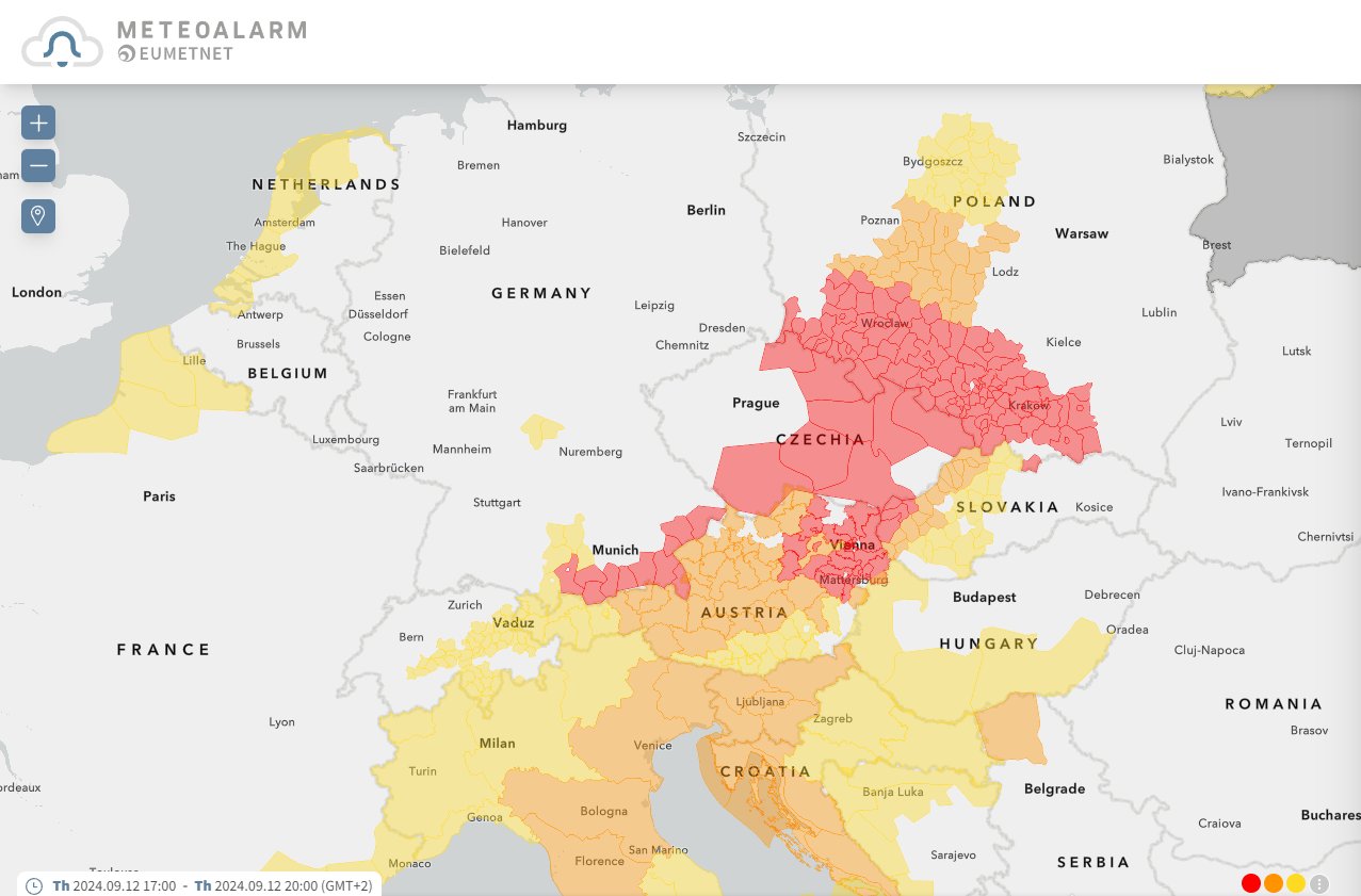 <p>L'alerte rouge concernant cet événement pluvieux exceptionnel sur le centre de l'Europe s'étend désormais du sud de l'Allemagne au nord-est de l'Autriche, de la République Tchèque à une bande sud de la Pologne.</p>