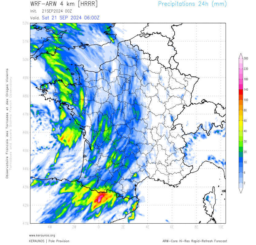 <p>Des orages sont attendus sur le tiers ouest du pays ce samedi, dans un flux encore orienté au sud. Les cumuls de pluie s'annoncent localement significatifs, et très abondants en crête frontière sur l'ouest des Pyrénées (région de Gavarnie typiquement).</p>