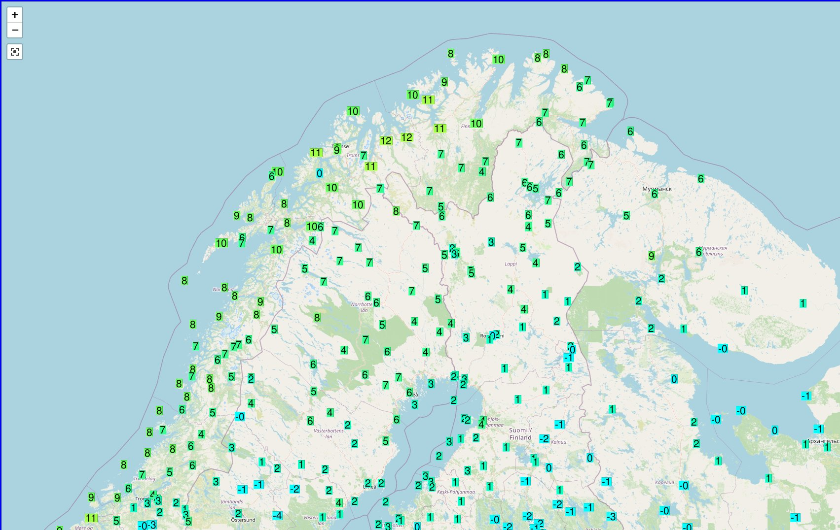 <p>Exceptionnelles températures au-delà du cercle polaire arctique ce vendredi avec des maximales parfois supérieures à 10/11°C en Norvège. Le flux océanique doux est dévié très au nord par le blocage anticyclonique en position sur le sud de la Scandinavie. Carte Ogimet</p>