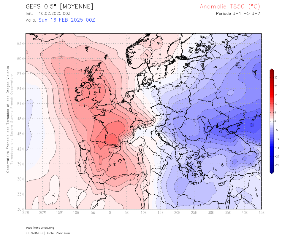 <p>Une masse d'air subtropicale va envahir toute la France cette semaine, avec une anomalie chaude prévue jusqu'à +8°C en moyenne pour les 7 prochains jours à 850 hPa (vers 1500 m d'altitude) dans le sud-ouest. Pour autant, peu d'instabilité en vue et pas d'activité orageuse significative prévue pour le moment.</p>