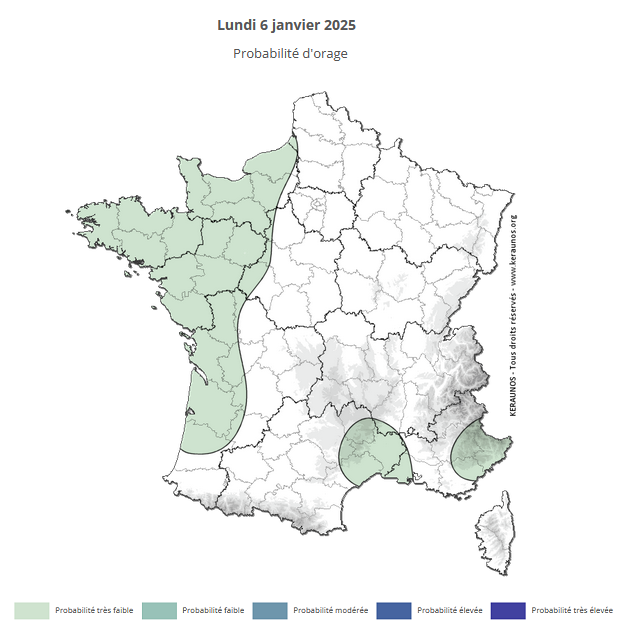 <p>Les premiers orages de l'année 2025 en France pourraient être observés lundi, principalement dans l'ouest du pays et près de la Méditerranée, sous forme d'orages isolés et brefs. Évolution à suivre dans les prochains bulletins de prévision à moyen terme.</p>