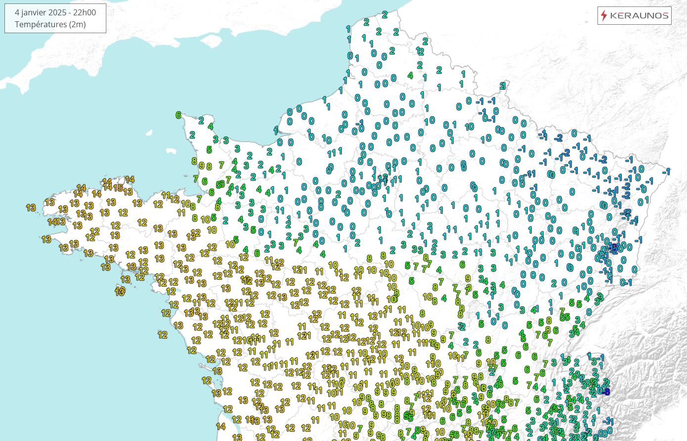 <p>L'air doux progresse rapidement en direction du nord du pays ce soir. La ligne de front est très nette actuellement, avec parfois 10 à 12°C d'écart en quelques dizaines de kilomètres, comme dans la Sarthe par exemple.</p>