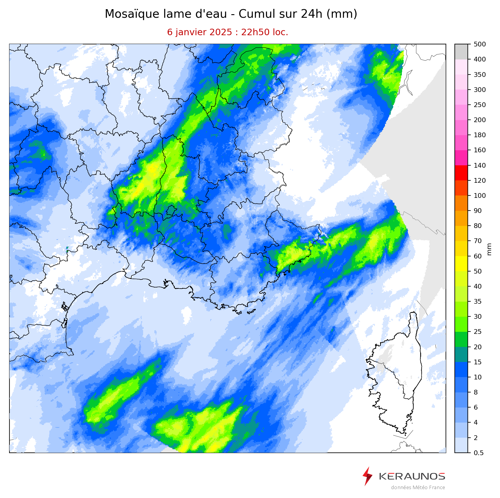 <p>Les précipitations ont été abondantes ce lundi dans le quart sud-est du pays. C'est notamment l'Ardèche qui a enregistré de fortes lames d'eau, avec des pointes localisées jusqu'à 60 mm en 24h.</p>