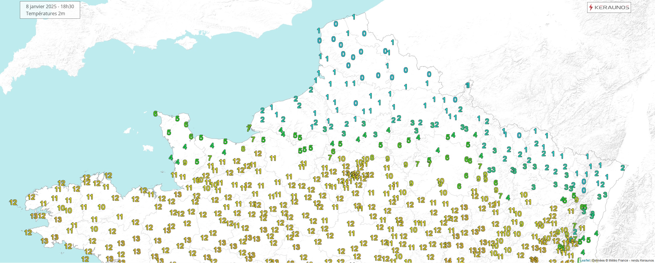 <p>Conflit de masse d'air en cours ce soir sur la moitié nord du pays : 0 à 1°C sur le Nord - Pas de Calais vs 11 à 13°C en région parisienne. Conséquence : neige vs pluie selon le côté du front où on se situe !</p>