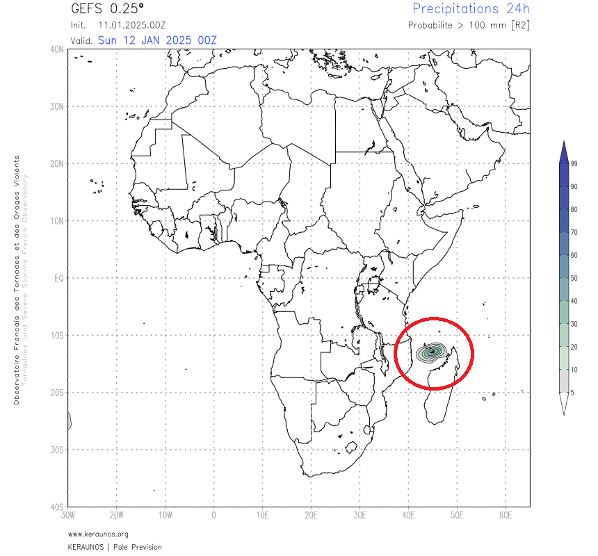 <p>La probabilité d'un épisode pluvieux de classe R2 (+ de 100 mm en 24h) est en hausse pour demain sur les environs de Mayotte (signal significatif sur la prévision d'ensemble GEFS 00Z). A suivre en fonction de la trajectoire exacte du cyclone Dikeledi d'ici là.</p>