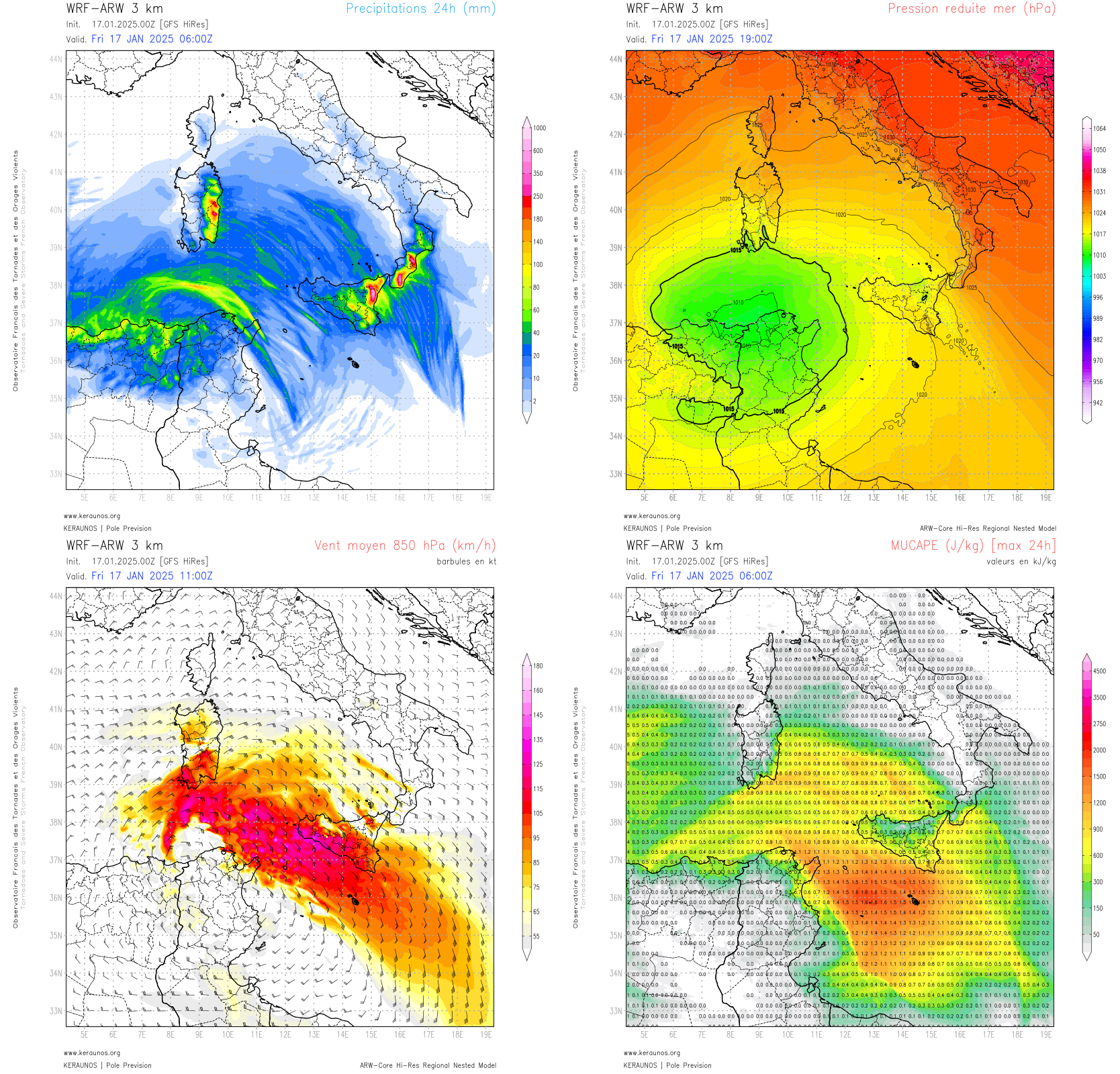 <p>Une dépression tempétueuse va se creuser sur le nord de la Tunisie ce vendredi. Des pluies intenses et orageuses sont attendues entre Calabre, Sicile et Sardaigne. Des lames d'eau > 300 mm sont notamment envisagées par ARW 3km dans la région de l'Etna.</p>