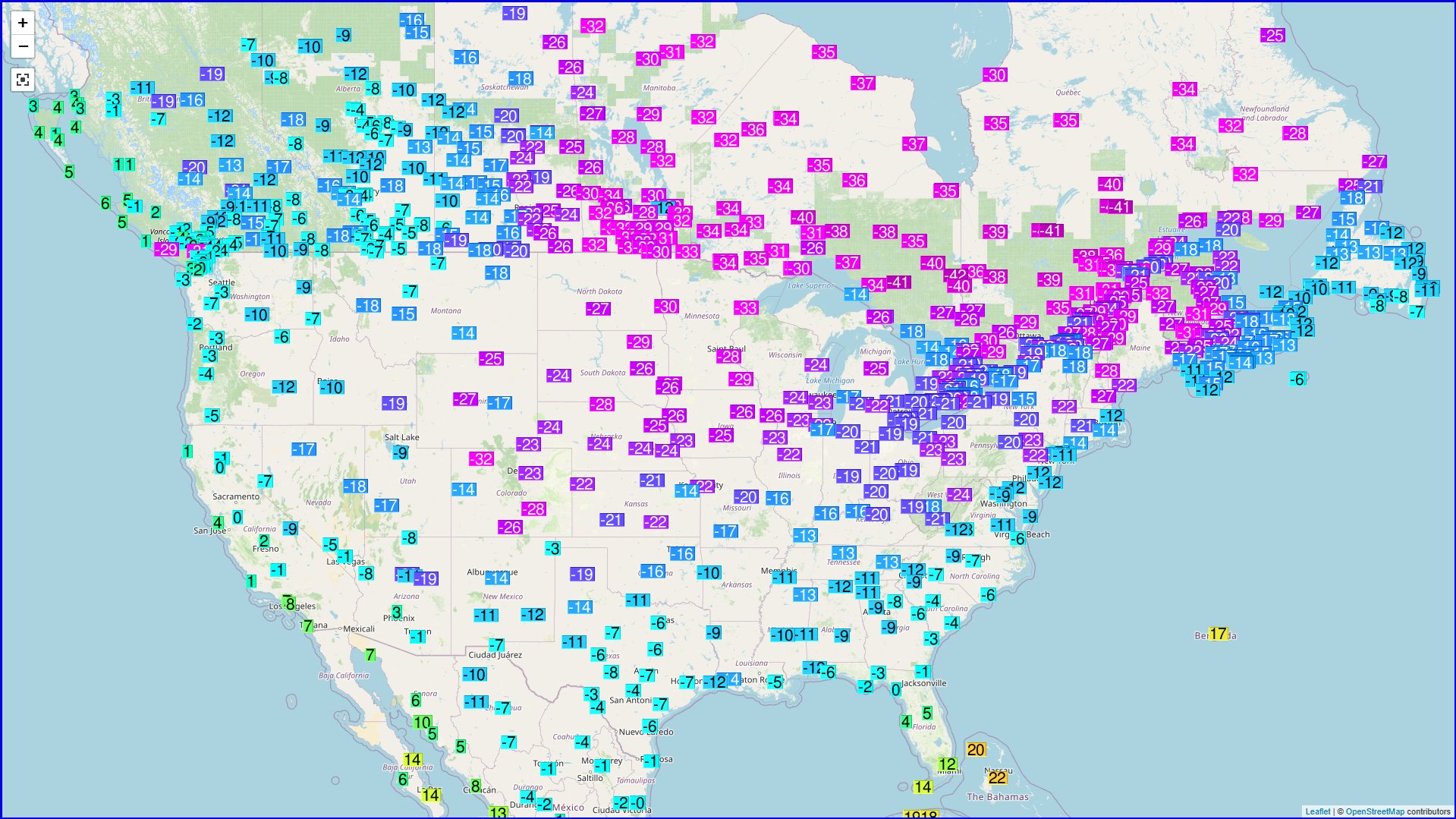 <p>Les USA sont concernés par une vague de froid, avec jusqu'à -33°C (-28°F) à l'est de Davis en Virginie Occidentale et -32.8°C à Duluth dans le Minnesota. Des records de froid ont été battus sur l'extrême sud du pays, entre le Texas et la Virginie, parfois des records absolus sur le littoral de la Louisiane. Carte Ogimet.</p>