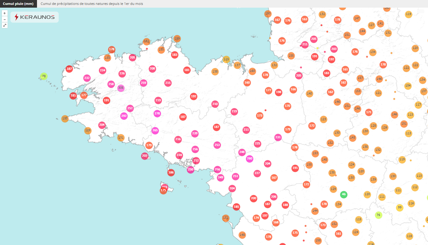 <p>Janvier se termine et les cumuls de pluie relevés en Bretagne sont remarquables, avec parfois plus de 300 mm sur les Monts d'Arrée en Finistère. Les valeurs atteignent 200 à 250 mm entre sud Côtes-d'Armor, sud Ille-et-Vilaine et Morbihan.</p>