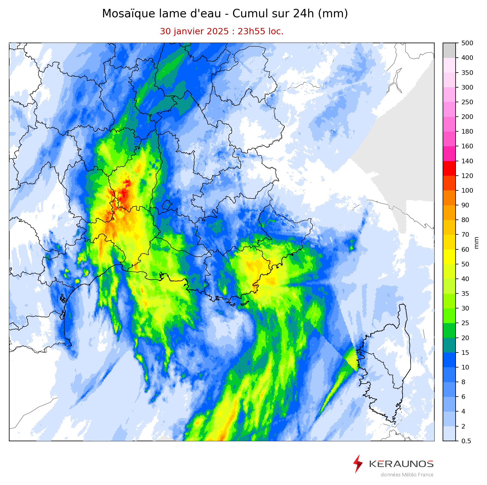 <p>Les lames d'eau ont dépassé localement 100 mm ce 30 janvier aux abords des Cévennes. Beaucoup de pluie également sur l'est du Var (60-80 mm).</p>