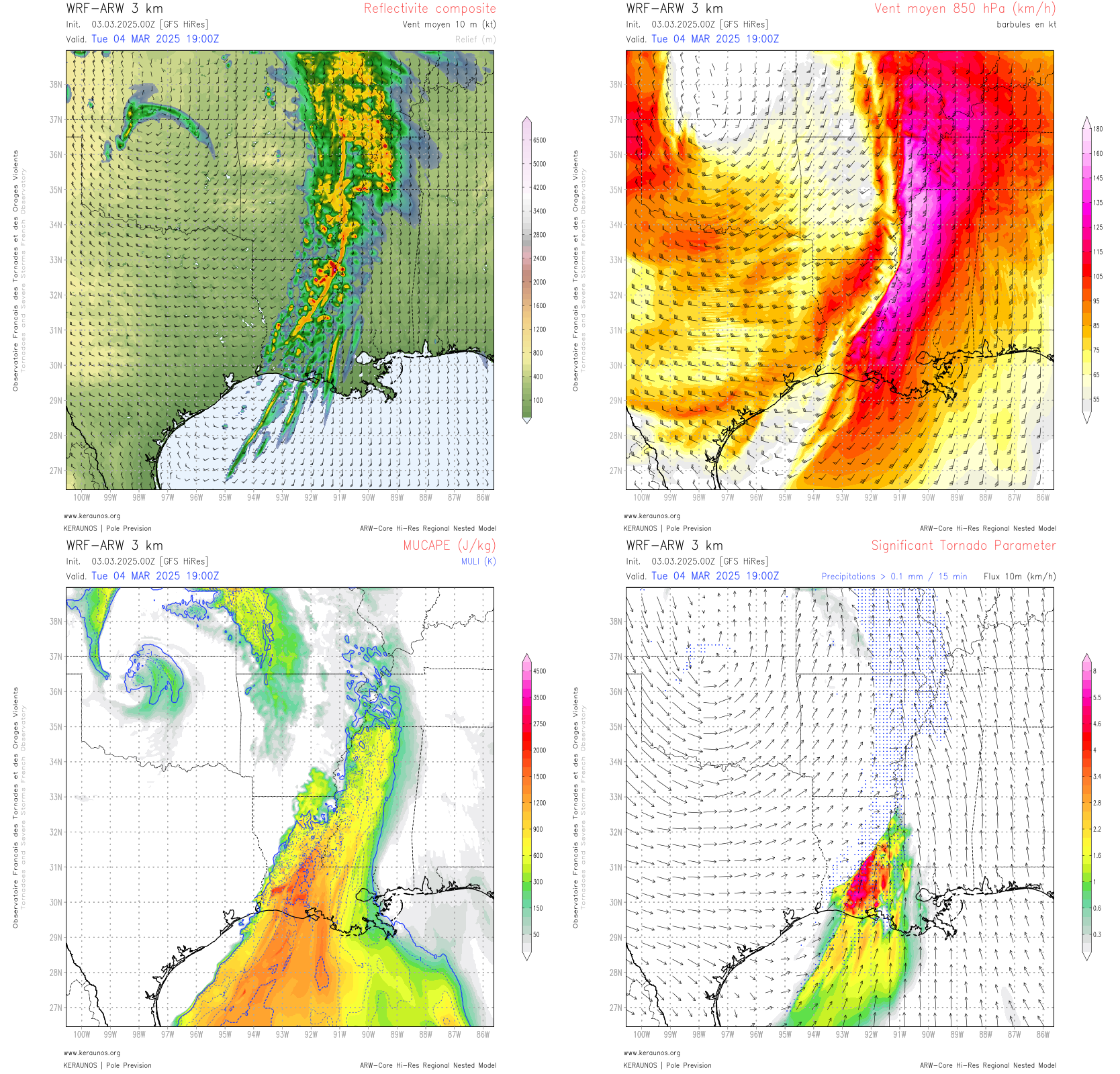 <p>Après des orages parfois forts ce soir entre Texas et Oklahoma, un front orageux intense va balayer le sud des USA demain. Risque orageux marqué entre Arkansas, Louisiane et Mississippi, avec jet de basses couches intense + instabilité -> risque violentes rafales, grêle et tornades localisées.</p>