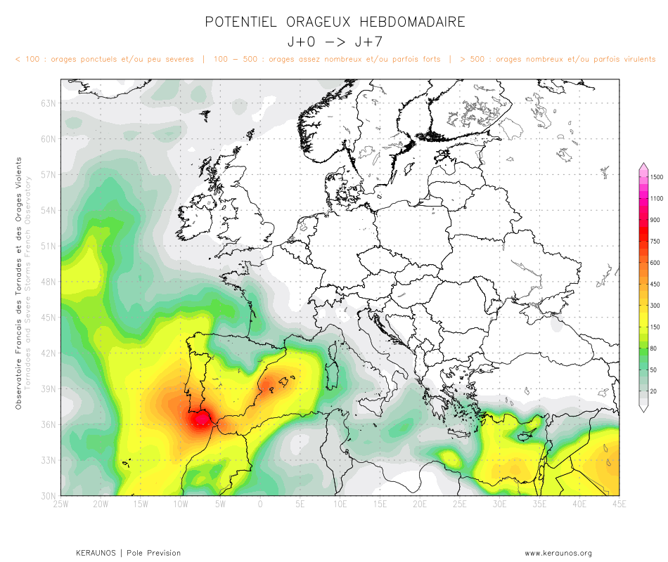 <p>Tendance générale à 7 jours : c'est surtout aux abords de l'Espagne que les conditions seront propices aux orages cette semaine. Par extension, un temps parfois orageux pourra gagner l'ouest et le sud de la France, surtout en deuxième partie de semaine.</p>